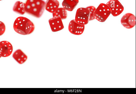 Red game dices isolated on white background and copy space below Stock Photo