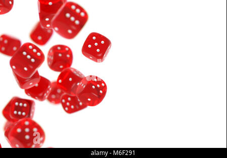 Red game dices isolated on white background and copy space on the right Stock Photo