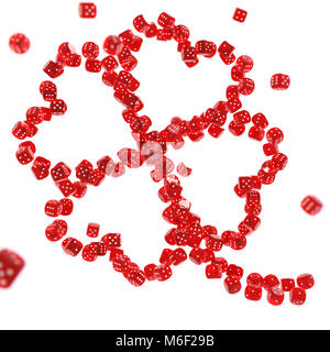 Four-leaved-clover made out of red casino dices stacked together isolated on white background. Luck in gambling concept Stock Photo