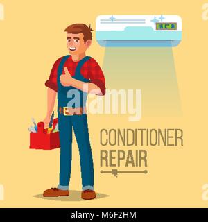 Professional Air Conditioner Repair Vector. Man Electrician Installing Air Conditioner. Flat Cartoon Illustration Stock Vector