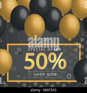 Sale Poster with shiny balloons on dark Background with golden, glitter lettering and frame Stock Vector