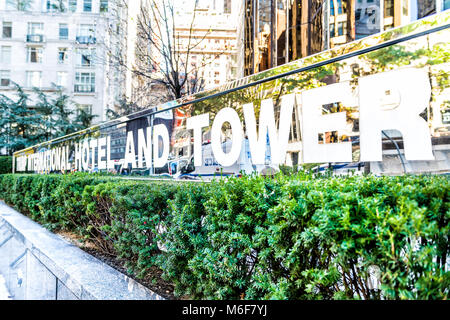 New York City, USA - October 28, 2017: Midtown Manhattan NYC closeup of Trump International Hotel and Tower by Columbus Circle sign Stock Photo