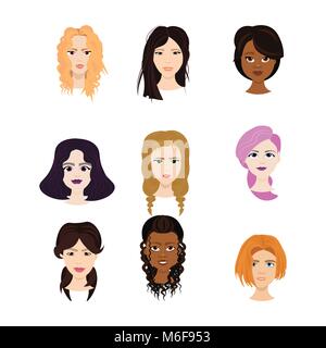 Set of Female Faces Isolated On White Background, Diverse Women With Different Haircuts Portraits Stock Vector