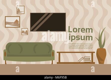 Living Room Interior With Sofa And Tv Set Hanging On Wall Template Background Stock Vector