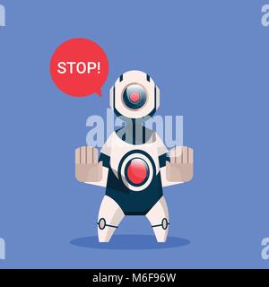 Robot Showing Stop Sign Cyborg Isolated On Blue Background Concept Modern Artificial Intelligence Technology Stock Vector