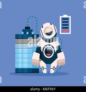 Robot With Low Battery Charging Isolated On Blue Background Concept Modern Artificial Intelligence Technology Stock Vector