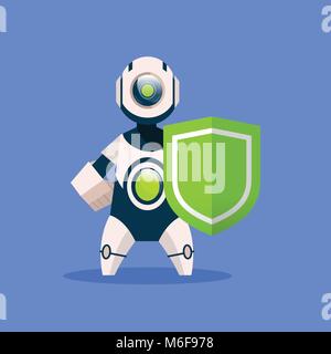 Robot Hold Shield Isolated On Blue Background Concept Modern Artificial Intelligence Protection Technology Stock Vector