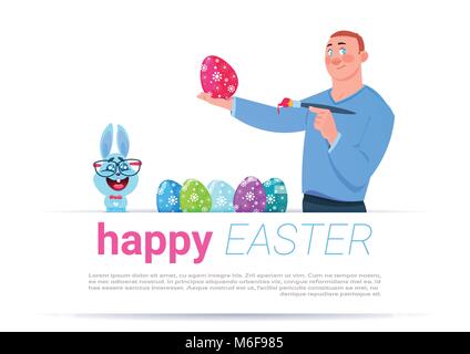 Man Painting Eggs Over Happy Easter Template Background With Funny Rabbit Stock Vector