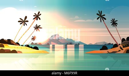 Tropical Sunset On Seaside Amazing Exotic Landscape Of Beach With Palm Trees And Rocks Stock Vector