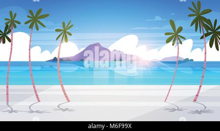 Beautiful Tropical Beach Landscape Summer Seaside With Palm Tree And Silhouette Mountains Exotic Paradise Poster Stock Vector