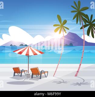 Deck Chairs On Tropical Beach Summer Seaside Landscape Exotic Paradise View Stock Vector