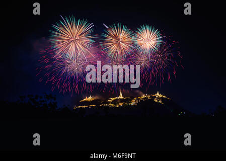 Fireworks show over Phra Nakhon Khiri Historical Park (Khao Wang), Petchaburi, Thailand. Stock Photo