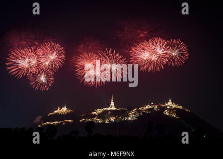 Fireworks show over Phra Nakhon Khiri Historical Park (Khao Wang), Petchaburi, Thailand. Stock Photo