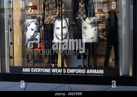 The window of the Tokyu Plaza branch of Emporio Armani in Ginza in central Tokyo. (March 3rd, 2018) Stock Photo