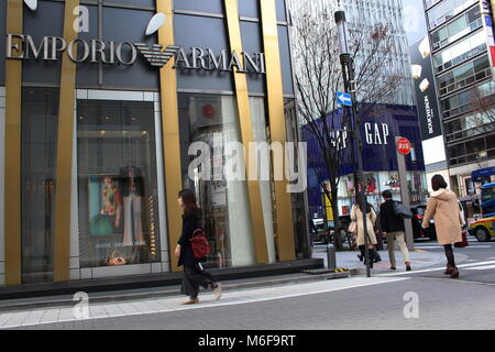 The side window of a branch of Emporio Armani in Ginza Tower in central Tokyo. (March 3rd, 2018) Stock Photo