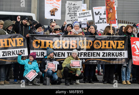 Munich, Germany. 3rd Mar, 2018. Animal rights activists demonstrate against the keeping of circus animals outside 'Circus Krone' in Munich, Germany, 3 March 2018. Around 1000 people gathered to protest. Credit: Matthias Balk/dpa/Alamy Live News Stock Photo