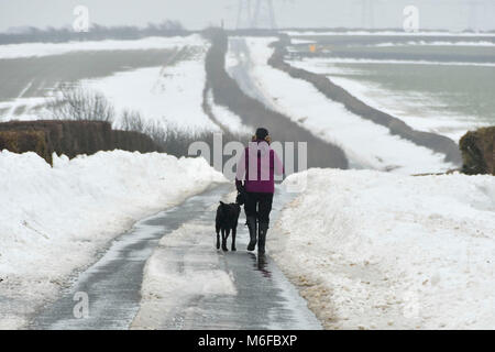 Compton Valence, Dorset, UK.  3rd March 2018.  UK Weather.  A dog walker on the Roman Roan near Compton Valence in Dorset, flanked by large snow drifts from Storm Emma.  The snow is begining to thaw with most of the fields almost snow free but the drifts along the roads remain and in places are 4-5 feet high.  Picture Credit: Graham Hunt/Alamy Live News Credit: Graham Hunt/Alamy Live News Stock Photo