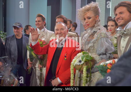 The world-famous Russian fashion designer, couturier Vyacheslav (Slava) Zaitsev, celebrated his 80th anniversary with a big wave, to which a separate big concert at the Russian Song Theater was dedicated. There were more than 600 friends of the maestro. Stock Photo