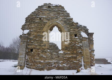 Milton Keynes, UK. 3rd March 2018. Snow at remains of St. Peter's Church, Stanton Low Park, Milton Keynes. Credit: Martin Smith/Alamy Live News Stock Photo