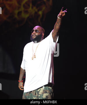 WEST PALM BEACH, FL - AUGUST 02:  RapperRick Ross performs during the I Am Still Music tour at the Cruzan Amphitheatre on August 2, 2011 in West Palm Beach, Florida.   People:  Rick Ross Stock Photo