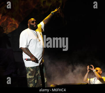 WEST PALM BEACH, FL - AUGUST 02:  RapperRick Ross performs during the I Am Still Music tour at the Cruzan Amphitheatre on August 2, 2011 in West Palm Beach, Florida.   People:  Rick Ross Stock Photo