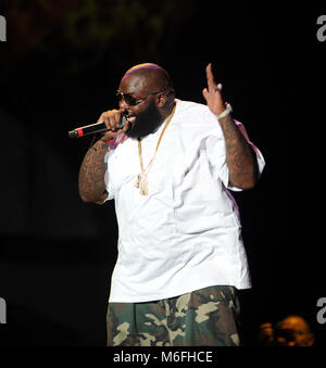 WEST PALM BEACH, FL - AUGUST 02:  RapperRick Ross performs during the I Am Still Music tour at the Cruzan Amphitheatre on August 2, 2011 in West Palm Beach, Florida.   People:  Rick Ross Stock Photo