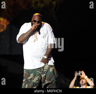 WEST PALM BEACH, FL - AUGUST 02:  RapperRick Ross performs during the I Am Still Music tour at the Cruzan Amphitheatre on August 2, 2011 in West Palm Beach, Florida.   People:  Rick Ross Stock Photo