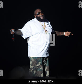 WEST PALM BEACH, FL - AUGUST 02:  RapperRick Ross performs during the I Am Still Music tour at the Cruzan Amphitheatre on August 2, 2011 in West Palm Beach, Florida.   People:  Rick Ross Stock Photo