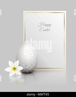 White color realistic egg with silver metallic floral pattern and Happy Easter card golden frame. White narcissus flower on light grey background Stock Vector