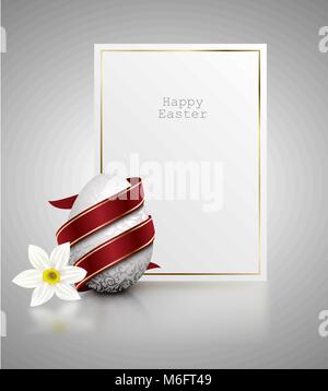 White color realistic egg with silver metallic floral pattern and red ribbon. White narcissus flower on light grey background with reflection Stock Vector