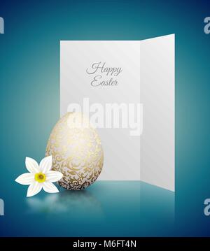 Black color mat realistic egg with metallic floral pattern. Isolated on black background with reflection. Vintage banner, card, poster for Easter Stock Vector