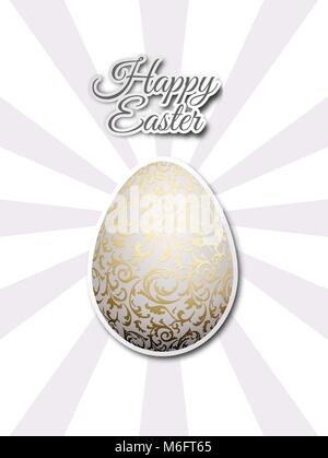 White egg with golden metallic floral pattern. Flat sticker on gray sun beams background. Bright greeting card with Happy Easter text Stock Vector
