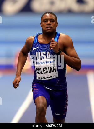 USA's Christian Coleman wins the Men's 60m Semi-Final Heat 2 during day three of the 2018 IAAF Indoor World Championships at The Arena Birmingham. Stock Photo