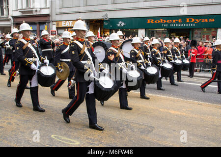 Military Band Marching in Central London at Margaret Thatchers State Funeral. London, England, UK; Stock Photo