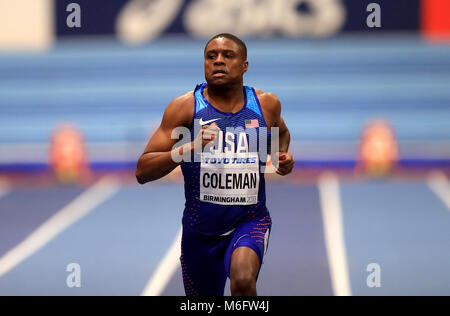 USA's Christian Coleman wins the Men's 60m Semi-Final Heat 2 during day three of the 2018 IAAF Indoor World Championships at The Arena Birmingham. Stock Photo