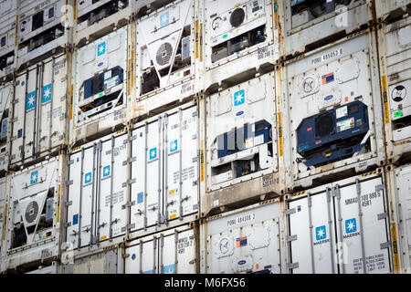 ROTTERDAM, NETHERLANDS - SEP 7, 2012: Refrigerated shipping containers stacked in the Port of Rotterdam.