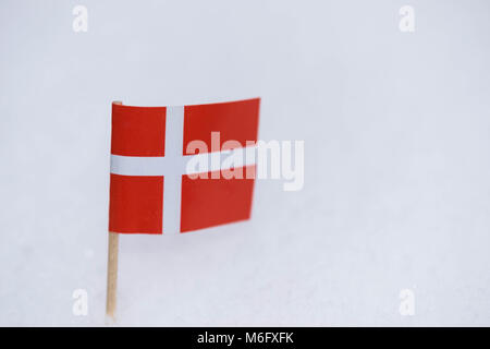 Denmark flag made from paper with brown toothpick on white snow background.