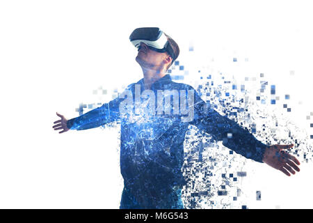 A person in virtual glasses flies to pixels. The man with glasses of virtual reality. Future technology concept. Modern imaging technology. Stock Photo