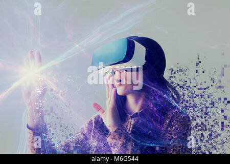 A person in virtual glasses flies to pixels. The woman with glasses of virtual reality. Future technology concept. Modern imaging technology.