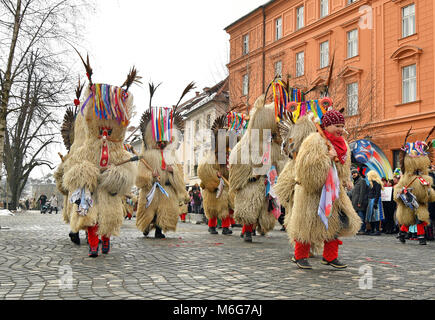 Ljubljana, Slovenia - February 10, 2018 - Traditional carnival on shrove Saturday with traditional figures, known as kurent or korent in Ljubljana, Sl Stock Photo