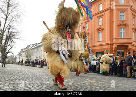 Ljubljana, Slovenia - February 10, 2018 - Traditional carnival on shrove Saturday with traditional figures, known as kurent or korent in Ljubljana, Sl Stock Photo