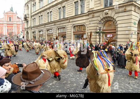 Ljubljana, Slovenia - February 10, 2018 - Traditional carnival on shrove Saturday with traditional figures, known as kurent or korent in Ljubljana, Sl Stock Photo