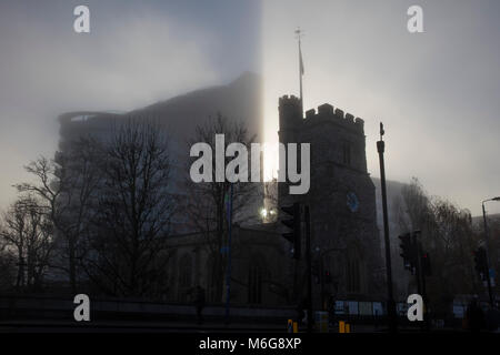 St Mary's Church tower in the Mist Putney, uk Stock Photo