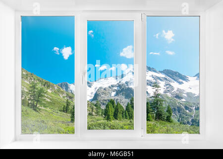 Landscape view through modern window in room. White plastic three-chambered three-sided box Stock Photo