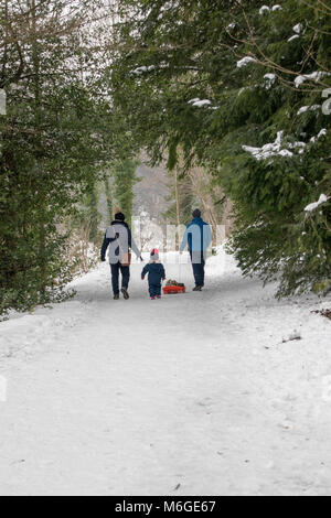 Family walk along snow covered woodland path pulling sledge by the River Wear in Durham UK Stock Photo