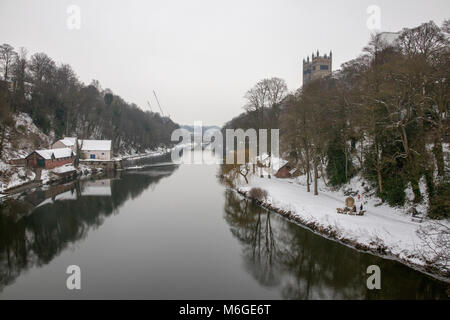 View of the River Wear and Durham Cathedral in late winter with snow Stock Photo