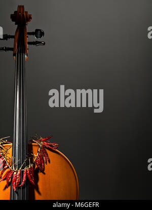 violoncello, cello with hot pepperoni necklace Stock Photo