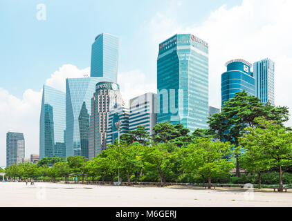 SEOUL, KOREA - AUGUST 14, 2015: Beautiful Yeouido - Seoul's main finance and investment banking district and office area of Korea’s top businesses in  Stock Photo