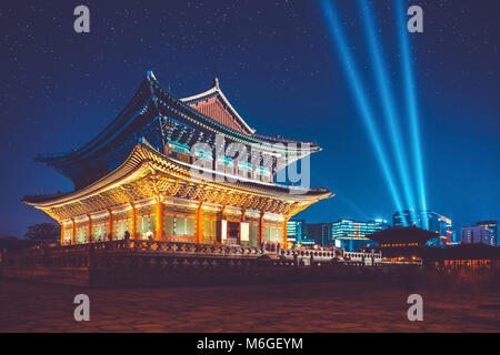 Seoul, Korea - August 14, 2015: Gyeongbokgung palace at night being opened for visitors - Seoul, Republic of Korea Stock Photo