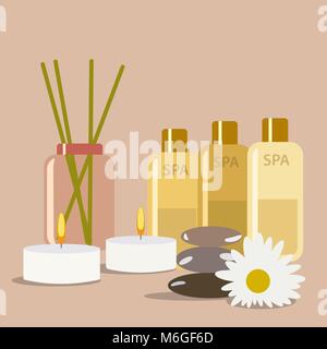 SPA still life. aromatherapy candle and cream oil products Stock Vector